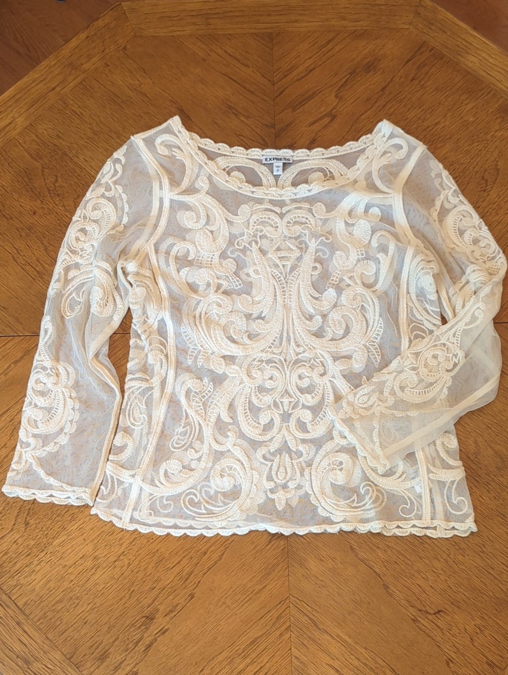 Express Ivory Embroidered Lace Long-Sleeve Top Y2K Feminine Fairy Boho